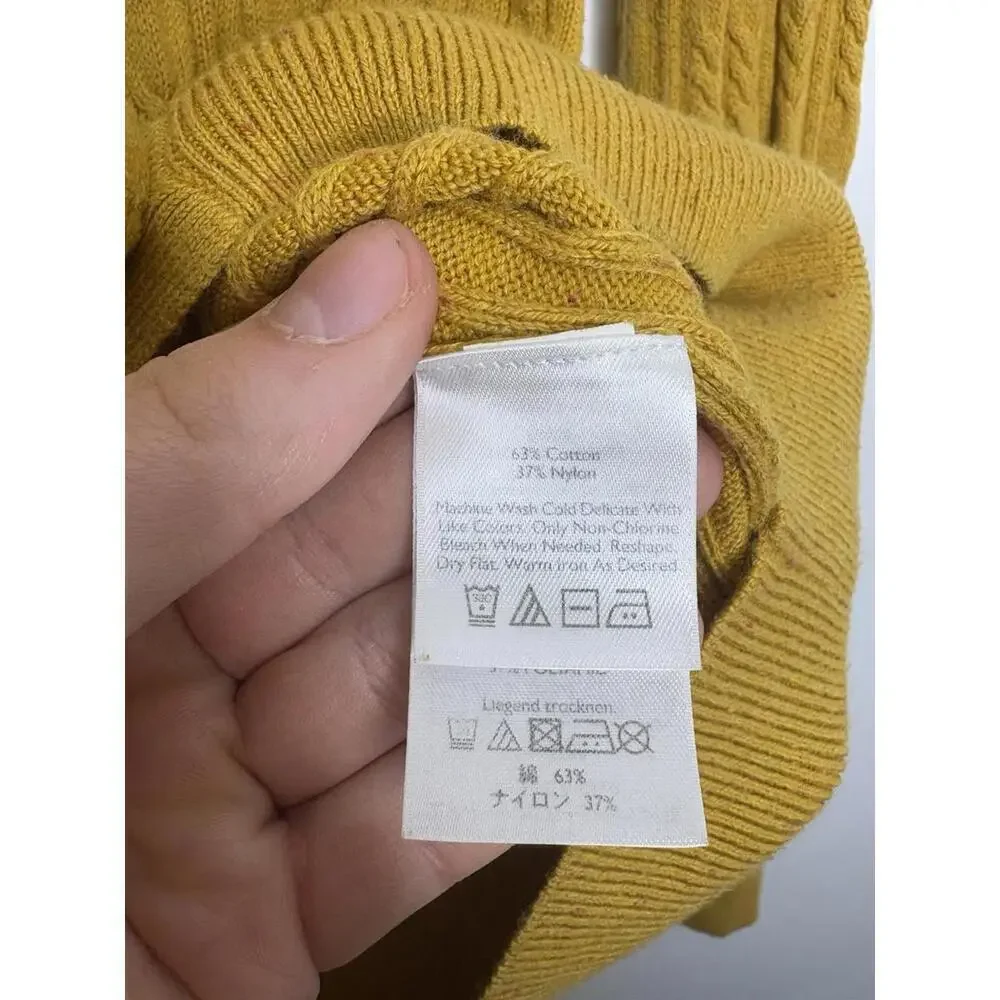 Eddie Bauer Sweater Womens M Cardigan V Neck Mustard Speckled Cableknit Scallop
